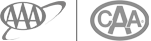 The image shows logos of AAA (American Automobile Association) and CAA (Canadian Automobile Association) side by side on a gray background.