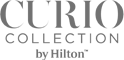 The image shows the logo of "Curio Collection by Hilton" in a gray font.