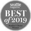 A circular badge reads "seattle magazine BEST of 2019 Readers' Choice Winner" indicating an award recognition by Seattle Magazine.