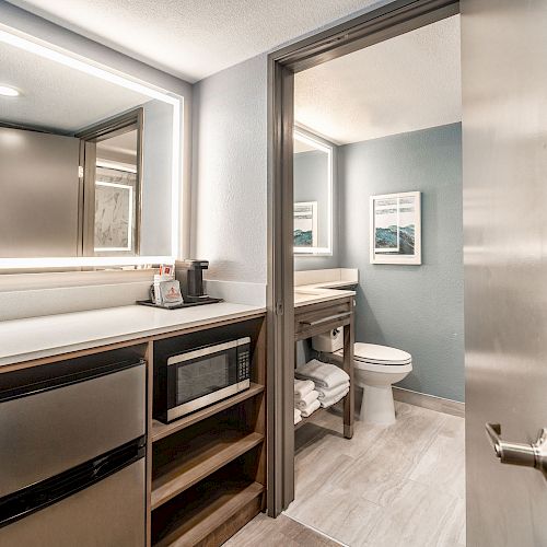 The image shows a modern bathroom with a lit mirror, countertop, microwave, mini-fridge, and open shelves, along with a view of the toilet and towel rack.